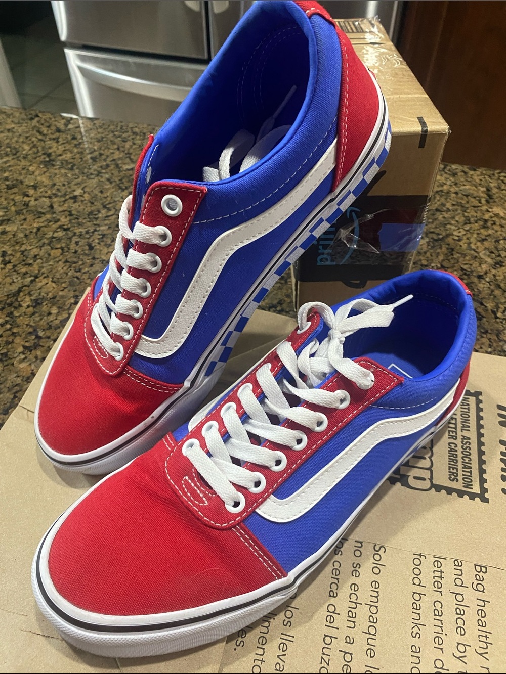 Vans Red and Blue Low-Top Canvas Sneakers with White Wave